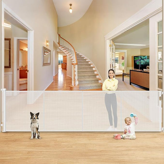 Reinforced 42” Extra Tall X 159” Extra Wide Retractable Gate Indoor Prevent Kids and Pets from Getting Through Tall Retractable Baby Gates for Doorways Pet Gates for Wide Openings Mesh Baby Gate White