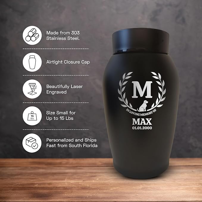 Personalized Custom Small Keepsake Urn Engraved with Pet Name, Date, and Dog Design - 5.2" Black Powder Coated Steel Cremation Urn for Dogs Ashes | 12-16 lb Capacity, Leaves Border
