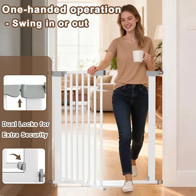 41'' Extra Tall Baby Gate for Large Dogs Pets Indoor No Jumping Over, 30-32.6'' Wide Heavy Duty Puppy Gate for Doorways, Pressure Mounted Metal Gate for Child Toddler No Tools Needed(White)