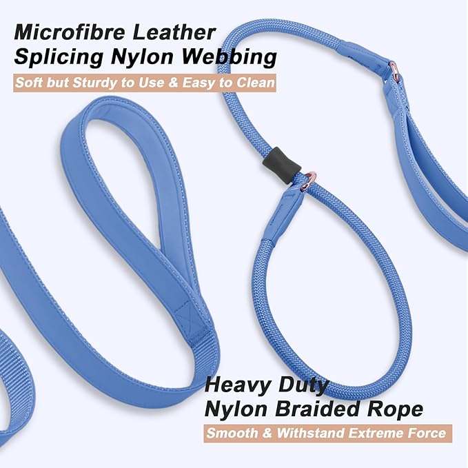 Slip Lead Dog Leash With Double Handle - Soft Leather Collar, Heavy Duty Nylon Lead for No Pull Walking - 6ft Blue Purple for Small, Medium, Large Dogs