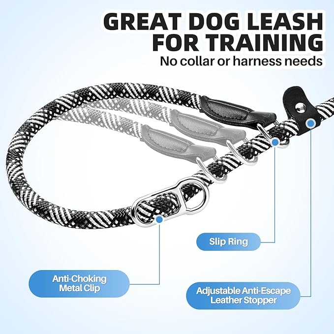 SlowTon Slip Lead for Dogs - Hands Free No Tangle Adjustable 4-6 FT 1/2” Rope, Heavy Duty Nylon Leash for Large Medium Dogs that Pull, No Pull Training Slip Leashes, 20-120lb, Black