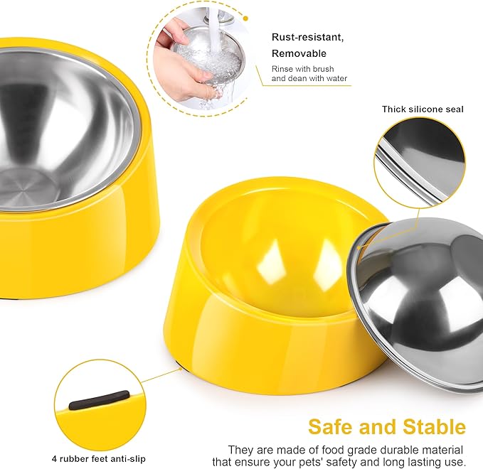 Tilted Dog Bowl Non-Slip & Non-Spill Pet Feeder with Elevated Detachable Melamine Stand, Easy to Get Food Dog Dish, M/180ml Yellow