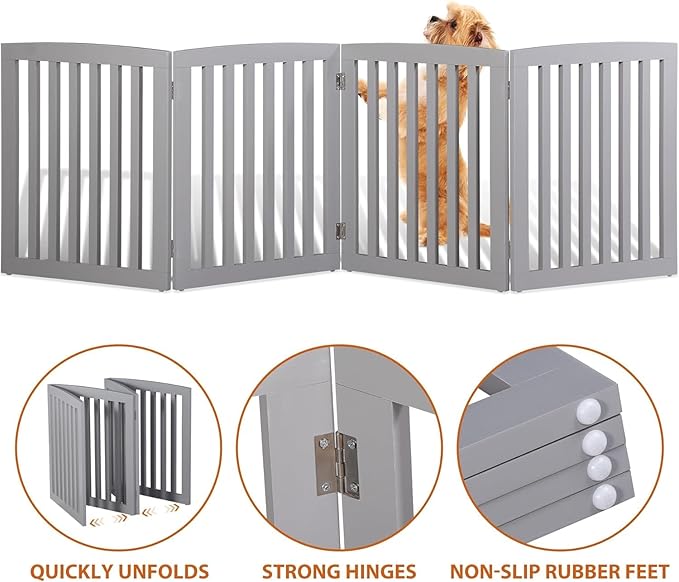 Freestanding Pet Dog Gate, 3-Panel/ 4-Panel Wooden Folding Fence for Hallway,Doorway,Hall,Stair,24 Inch Height Indoor Foldable Dog Fence (Gray, 4 Panel 24“)
