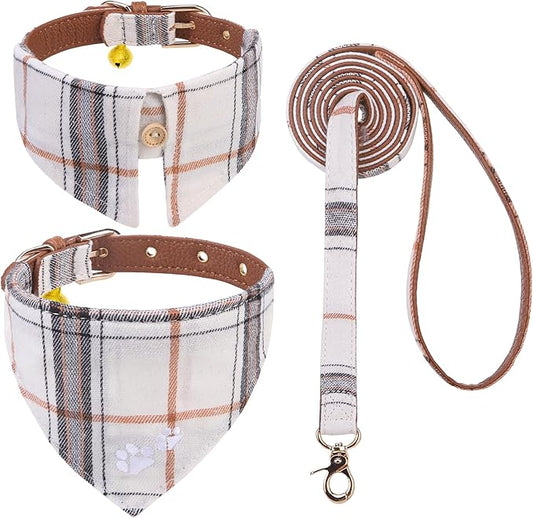 EXPAWLORER Puppy Collar and Leash - Embroidery Pawprints Plaid Small Dog Collars and Leash Set, Cute Bandana and Detachable Collar, Suitable for Small Dogs Cats Girl Boy, Cream S
