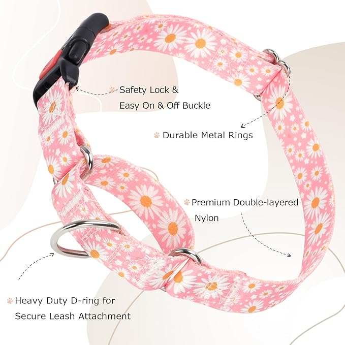 Martingale Collar for Dogs, Pink Dog Collar with Daisy Flowers for Small Medium Large Dogs, Girl Dog Collars with Quick-Release Buckle for Training, Walking, Hunting (M)