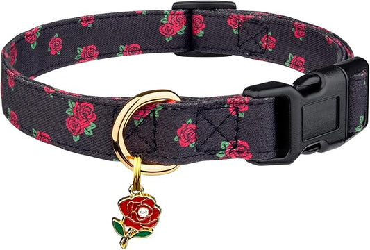 Cotton Handmade Dog Collar Cute and Distinctive Patterns Black Rose with Pendant for Girl Boy Dogs Collars M