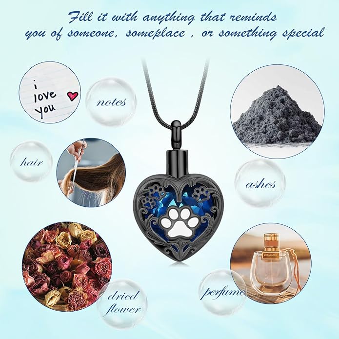 Heart Urn Necklace For Ashes Birthstone Pet Memorial Jewelry Dog Paw Print Cremation Pendant Stainless Steel Keepsake Gift For Pet Lovers