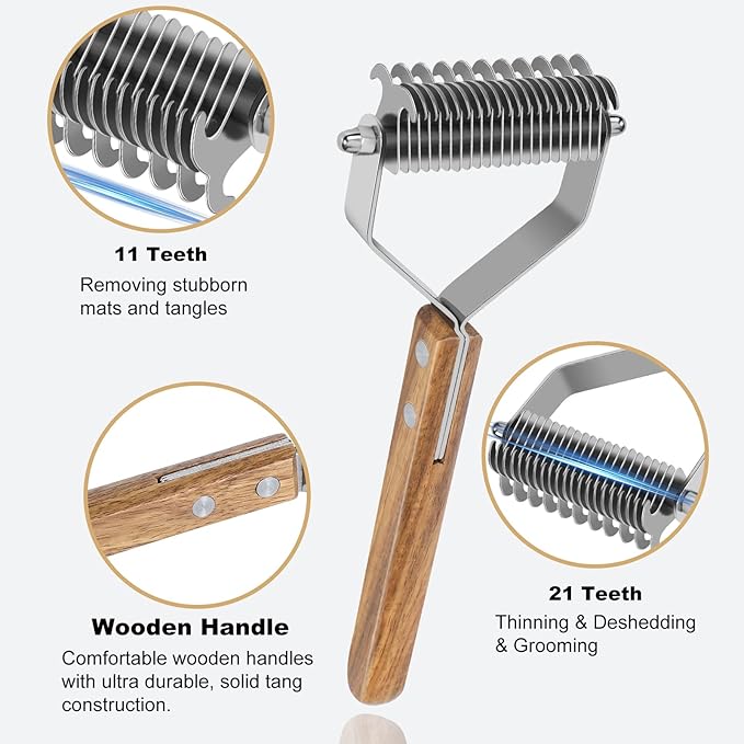 Undercoat Rake for Dogs, Dematting Comb for Dogs and Cats with Wood Handle, Deshedding Dog Brush for Remove Mats, Long-Haired Pets Grooming Rake, Large