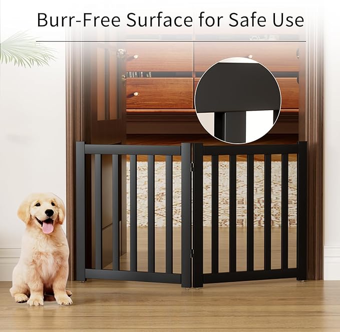 2-Panel Solid Wood Dog Gate - Freestanding Folding Pet Gate for Doorways, Stairs, Indoor, 24" Height, No Installation Needed, Black