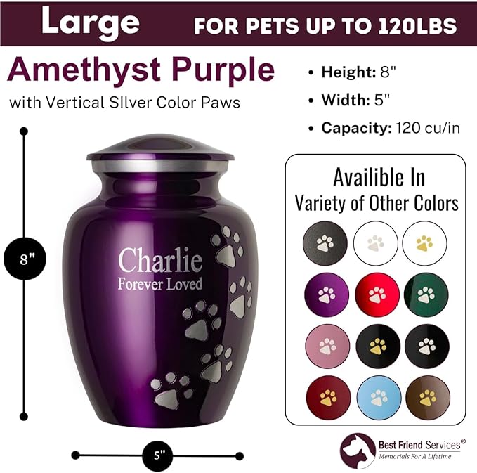 Ottillie Paws Premier Series Pet Urn for Dogs with Personalized Laser Engraving (Large - Pets up to 115 lbs, Amethyst Purple with Vertical Pewter Paws)