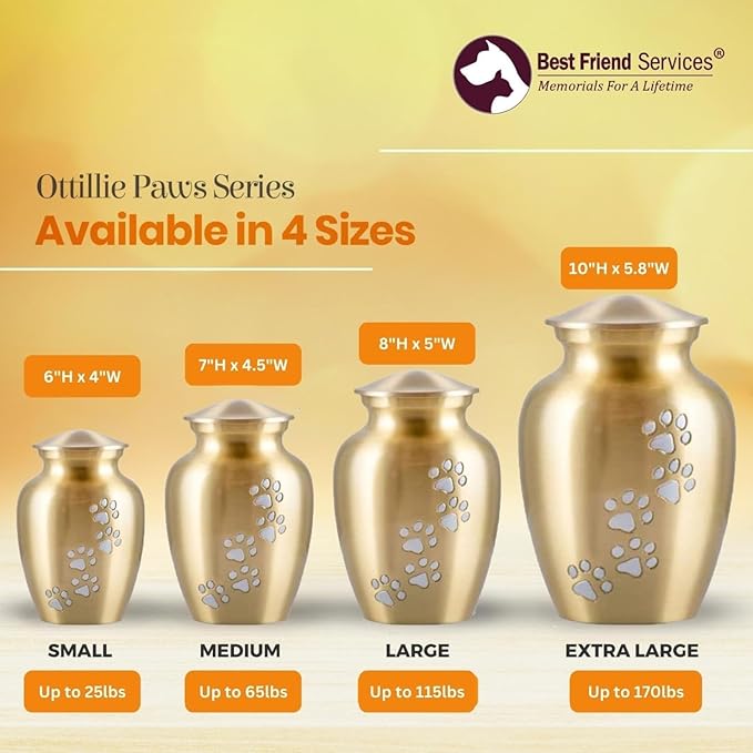 Ottillie Paws Legacy Series Pet Urn for Dogs, Handmade Brass Memorial Cremation Urn (Large - Pets up to 115 lbs, Brass, Vertical Pewter Paws)