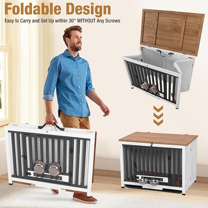Folding Dog Crate Furniture, Wooden Dog Crate End Table with 360°Rotatable Removable Dog Bowls &Tray, Modern Kennel for Dogs Indoor for Small, Medium Dogs- Portable