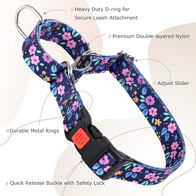 Martingale Collar for Small Dogs, Heavy Duty Training Collars with Bull Flower Design, Adjustable No Slip Collar with Safety Buckle for Girl or Boy, Perfect for Training, Walking, Hunting (S)
