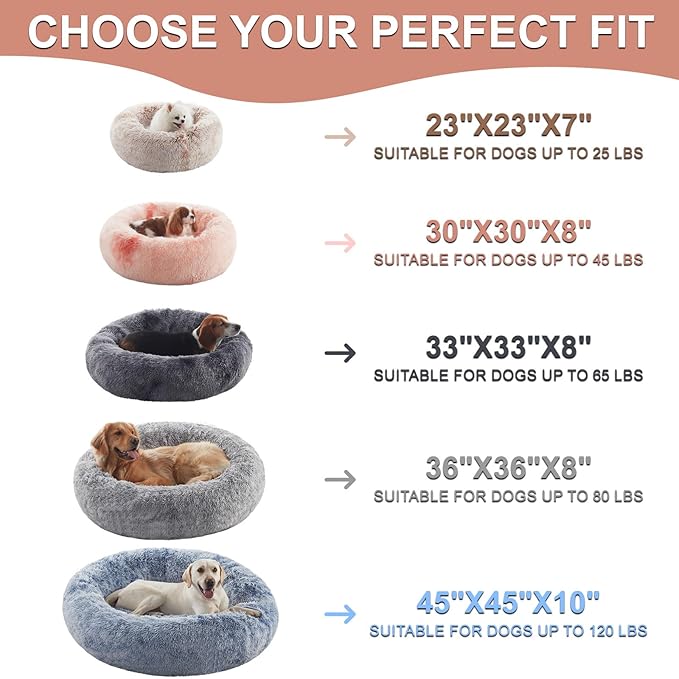 33 inches Donut Dog Bed for Medium Dogs,Calming Fluffy Round Pet Bed with Removable & Washable Cover,Fits up to 65 lbs Pets(Tie-dye Grey,M Plus)