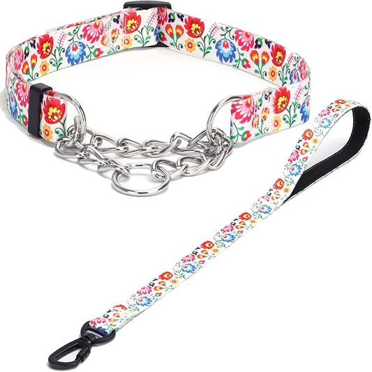 Martingale Dog Collar with Stainless Steel Chain - Limited Chain Cinch Training Collar for No Pull Training Dog - Flower Multicolor Cute Patterns - Premium No Slip Collar (L, White Set)