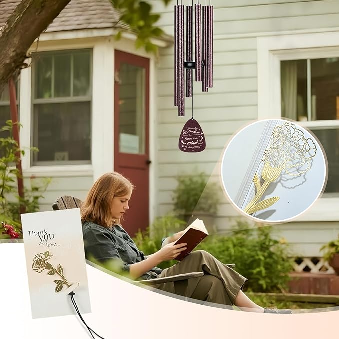 Pet Memorial Wind Chimes - Remembrance and Bereavement Gift for Loss of Dog/Cat with Metal Rose Card, 26" Thicker Aluminum Tubes(0.75") Weatherproof Outdoor Keepsake for Garden
