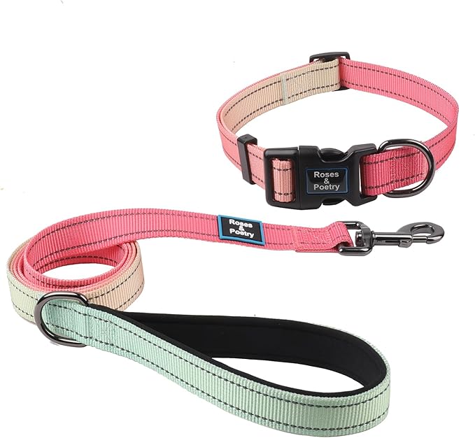 Roses&Poetry Pink Dog Leash and Collar Set, Reflective Dog Collar and Leash for Large Dogs, Adjustable Durable Matching Collars with Leashes for Large Dogs (Pink Gradient-L)