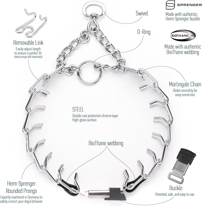 Herm Sprenger Prong Collar with Quick Release Cliclock Buckle & Short Links & Biothane Insert | Chrome Plated Steel No Pull Dog Training Collar Made in Germany, 20in x 3.0mm Necks up to 16-17in, Black