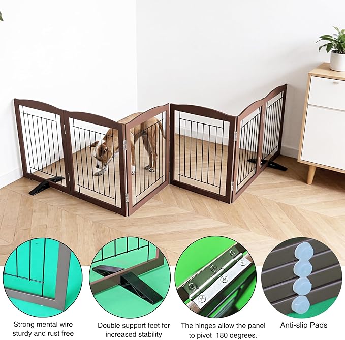 Dog Fence Indoor,Dog Gate Indoor for Doorway pet gate -6-Panel Freestanding, Hallways, House or Stairs -120x24-Inch Retractable Foldable Expandable Wood Pet by SFJC (Brown) ﻿