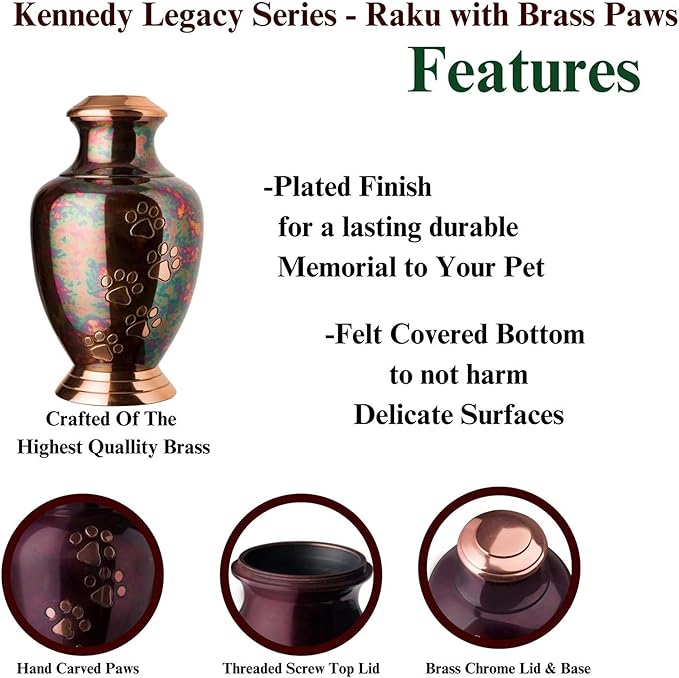 Kennedy Paws Series Pet Urn for Dogs, Handmade Brass Memorial Cremation Urn (Large - Pets up to 115 lbs, Raku)