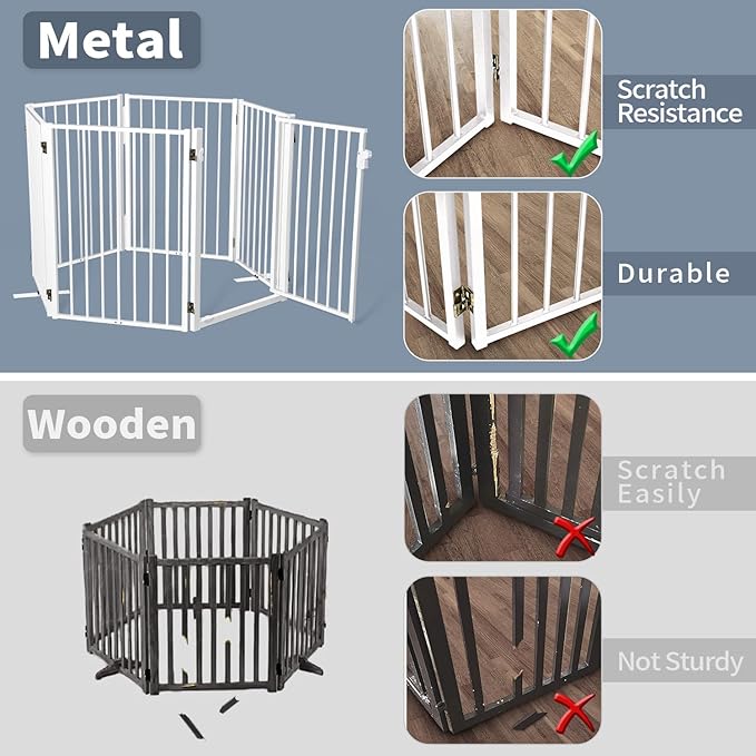 Metal Freestanding Dog Gates with Door for Outdoor Indoor,80'' Extra Wide 32'' Tall Free Standing Dog Gate for Doorways,Large Openings,Deck,Yard,Porch,Foldable Pet Fence(White,4 Panels)