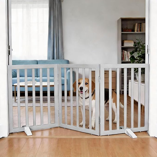 Dog Gate Indoor, Freestanding Dog Fence for The House, Doorways, Hallways,or Stairs,Pet Gate Foldable Wooden,Expandable 24" Height 3 Panels,Grey