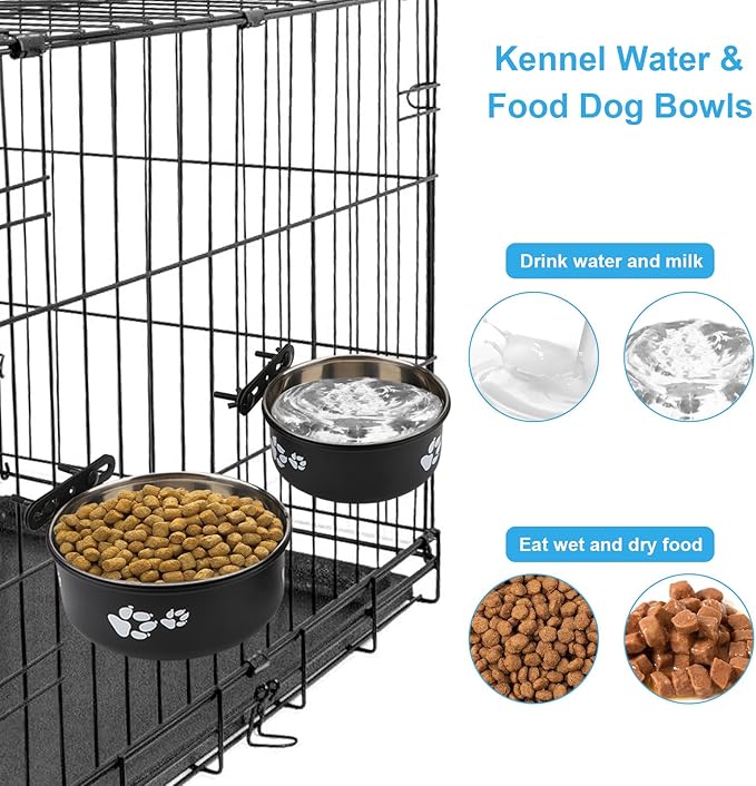 Stainless Steel Dog Crate Bowls Hanging No Spill 2 PCS - Adjustable Mountable Kennel Bowls for Medium/Large Dogs, Anti Spill Water & Food Bowl Set (Black, L(6.3"+7.1"))