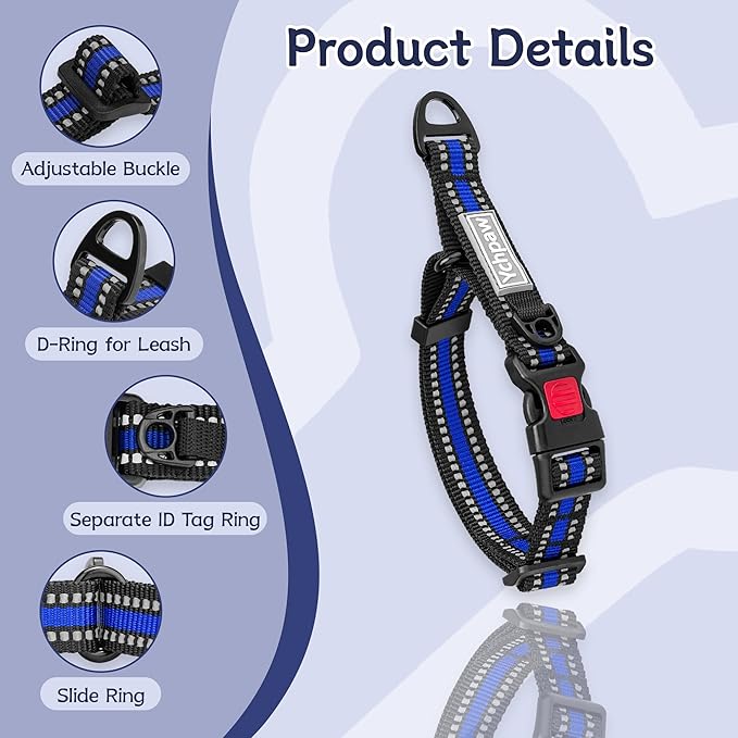 Martingale Collar for Dogs Reflective Collar with Quick Release Buckle, Adjustable Nylon Collars for No Slip Dog Collar, Blue, S