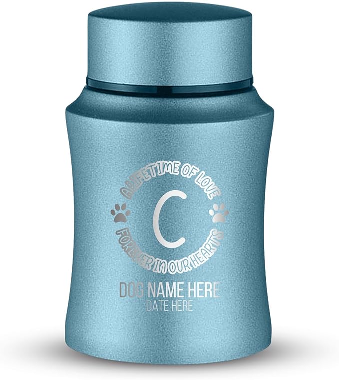 Customized Small Keepsake Urn Personalized Engraved with Pet Name, Date, and Dog Design - 4" Powder Coated Cremation Mini Compact Urn for Dogs Ashes | 5–10 Lbs Capacity | Powder Blue, Lifetime of Love