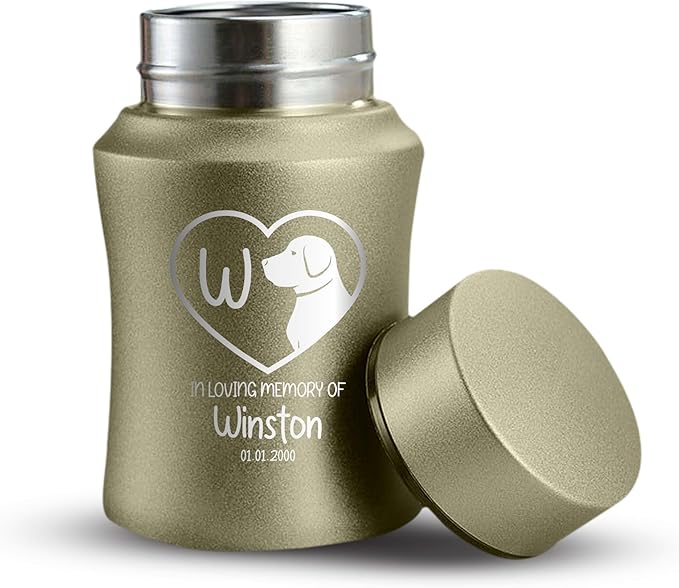 Customized Small Keepsake Urn Personalized Engraved with Pet Name, Date, and Dog Design - 4" Powder Coated Cremation Mini Compact Urn for Dogs Ashes | 5–10 Lbs Capacity | Washed Gold, Initial in Heart