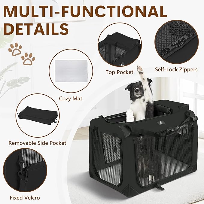 X-ZONE PET Dog Crate 3-Door Kennel, Collapsible Portable Soft Sided Pet Carriers for Indoor & Outdoor, Multiple (36-Inch, Carbon Black)
