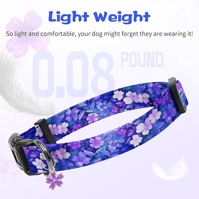 Kazazoo Dog Collar Cute and Soft Nylon Puppy Collar Girl, Adjustable Dog Collars for Medium Large Dogs, Purple Flowers-L