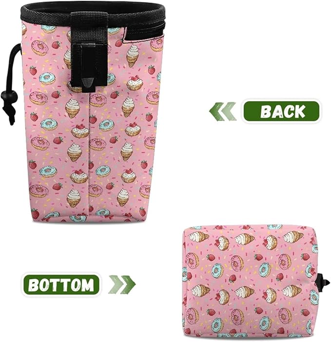 Donut Ice Cream Animal Walking Snack Container Dog Treat Bag Drawstring Closure Pouch Training Treat Bag for Pet Food Toy, Pet Feed Snack Reward Pocket with Waistband