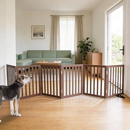 ZJSF Freestanding Indoor Dog Gate for House Foldable Wood Puppy Gate for Doorways Pet Gate for Stairs Extra Wide Pet Fence, Brown, 24" Height 6 Panels