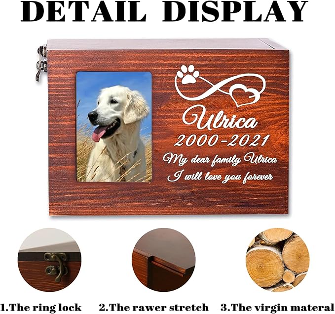 Custom Pet Wood Urn with Print Name Date and Text, Personalised Wood Pet Urn/Ashes Casket with Photo Slot, Custom Pet Urn Souvenir Wood Box for Dog Cat Rabbit and Bird (Print)