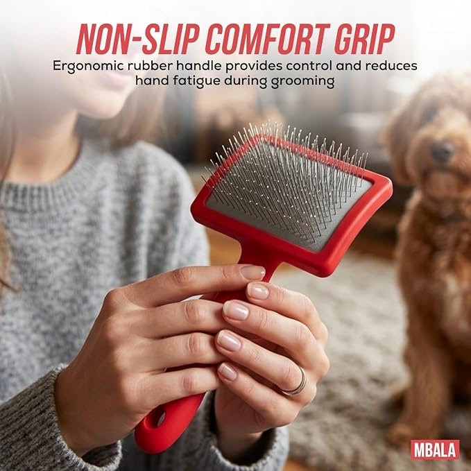 Mbala Curved Slicker Brush for Dogs – Professional Dog Brush for Shedding & Grooming, 30% More Pins, Ideal for Goldendoodles, Poodles & Long-Haired Dogs, Detangling & Deshedding, Large Coral