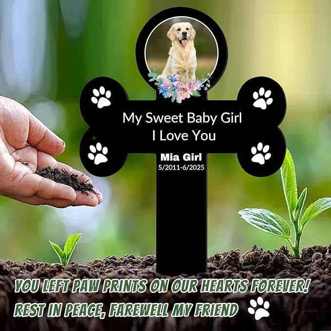 Custom Pet Grave Markers Dog Outdoor, Personalized Pet Cross Grave Marker with Name and Date, Weatherproof Dog Headstone for Graves Outdoor Garden Yard, Pet Tombstones Sympathy Gift for Pet Loss