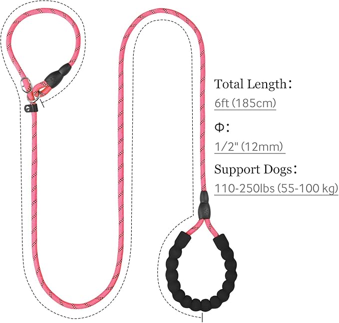 TagME Slip Leads for Dogs that Pull, 6 FT No-Pull Training Leash with Lock, Escape-Proof Design, Reflective & Padded Handle for Large Dogs, Pink