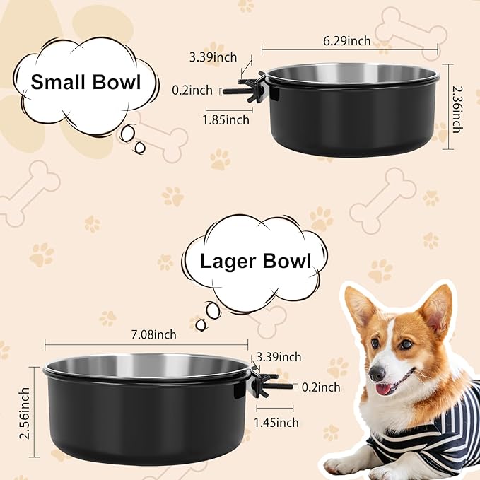 Crate Dog Bowls, Removable Stainless Steel Dog Bowl for Food and Water, Pet Kennel Hanging Food Water Feeder Station for Small/Medium/Large Pets, (7.1"x2.6" & 6.3"*2.4", Black)