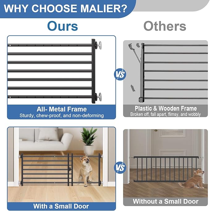 Malier Indoor Dog Gate with Door, 26-41" Extra Wide Full Metal Pet Gate Short Dog Gate for Stairs, Pressure Mount 20'' Tall Small Puppy Gate, Easy Step Over Low Gate for Doorways