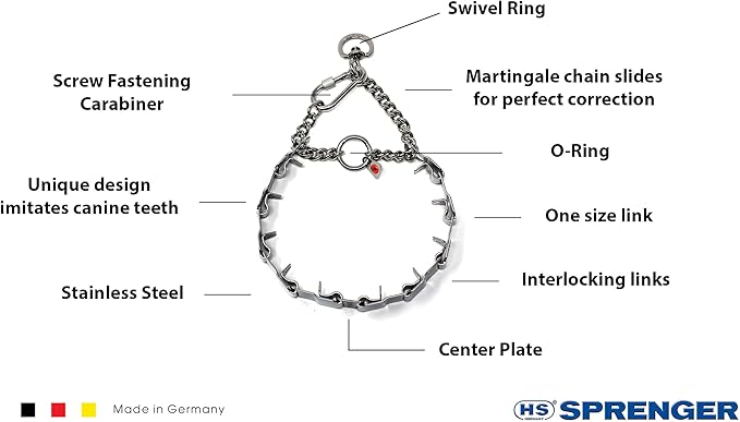 Dogline Neck Tech Stainless Steel Prong Dog Training Collar with Snap Hook Pet Pinch Collar No-Pull Collar for Dogs Made in Germany 19 inches