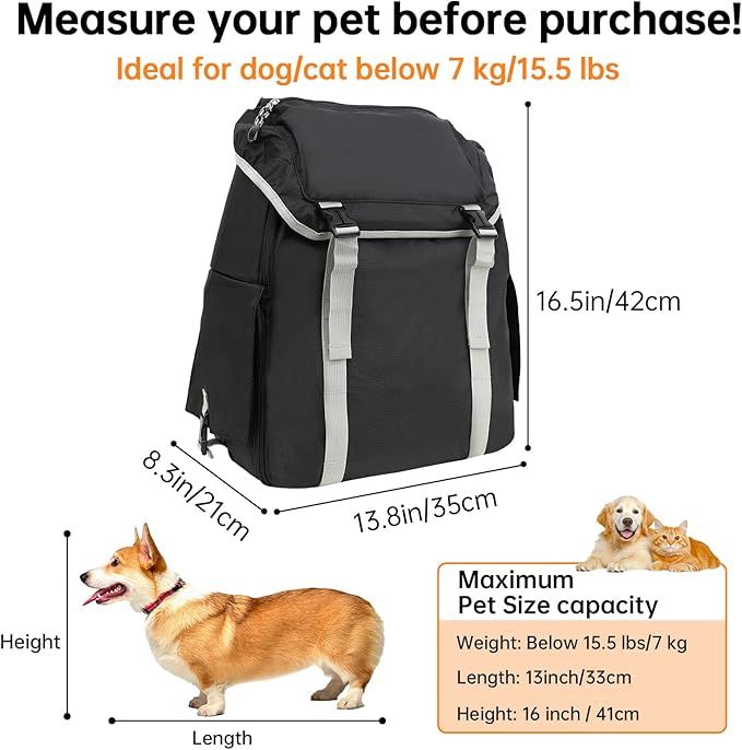 Cat Dog Backpack Carrier for Hiking Travel Portable Pet Daypack for Dog Cat Below 7kg/15.5lbs -Black
