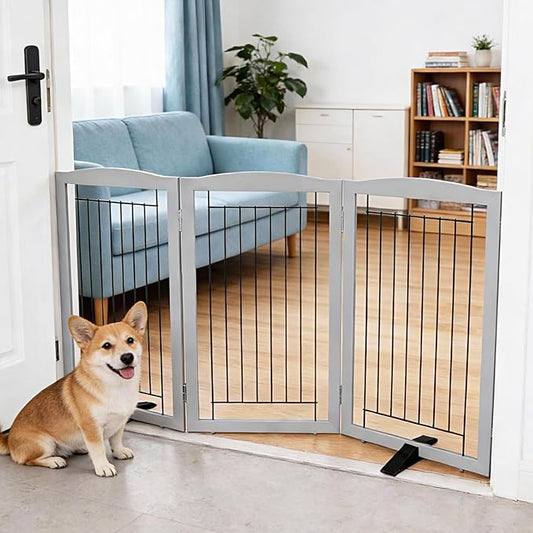 Dog Fence Indoor,Dog Gate Indoor for Doorway pet gate -3-Panel Freestanding, Hallways, House or Stairs -60x32-Inch Retractable Foldable Expandable Wood Pet by SFJC (Grey) ﻿