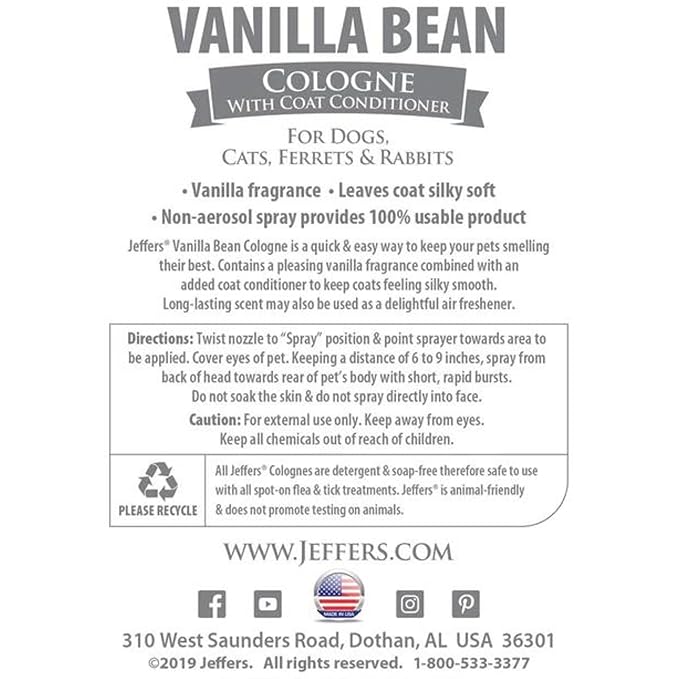Jeffers Pet Cologne Spray with Coat Conditioner for Dogs & Cats, 16 oz - Detergent & Soap Free Grooming Fragrance Mist, Coat Deodorizer, Freshener, Safe for Pets, Salon, Home Use - Vanilla Bean