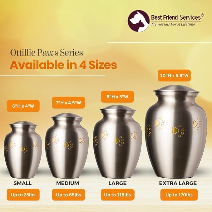 Ottillie Paws Legacy Series Pet Urn for Dogs, Handmade Brass Memorial Cremation Urn (X-Large - Pets up to 170 lbs, Pewter, Horizontal Brass Paws)