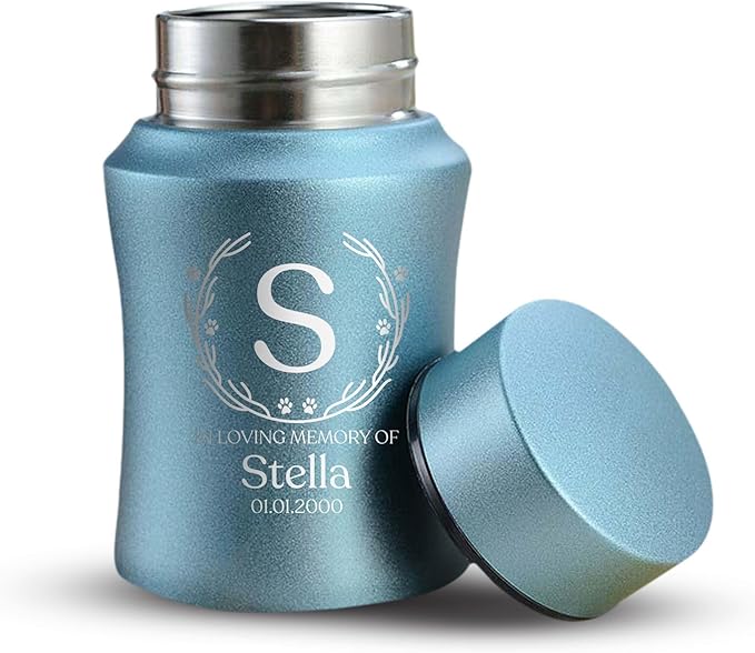 Customized Small Keepsake Urn Personalized Engraved with Pet Name, Date, and Text- 4" Powder Coated Cremation Mini Compact Urns for Dogs Ashes | 5–10 Lbs Capacity | Powder Blue, Wood Branch Border