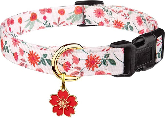 Cotton Handmade Dog Collar Cute and Distinctive Patterns Red and White Flower with Pendant for Girl Boy Dogs Collars M