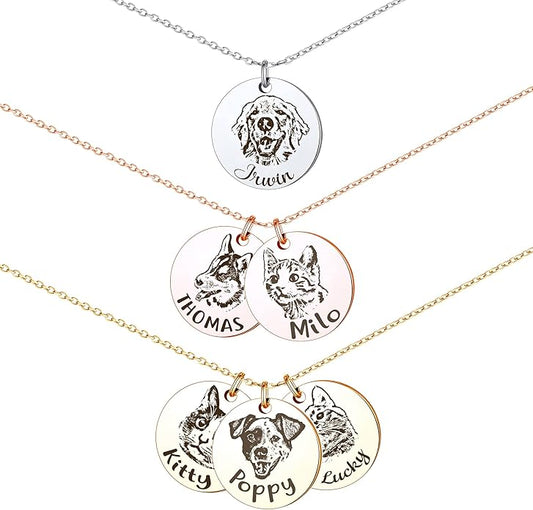 Anavia Personalized Pet Portrait Necklace, Handmade Memorial Jewelry Gift, Custom Round Disc Photo Engraved Necklace for Animal Lovers, Dog Mom, Dog Dad