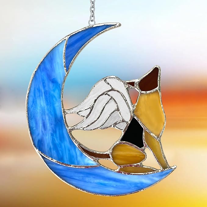Dog Memorial Gifts for Loss of Dog - Pet Memorial Gifts for Dogs-Angel German Shepherd on Blue Moon Stained Glass Window Hanging, Dogs Passing Away Sympathy and Remembrance Comforting Pet Loss Gifts