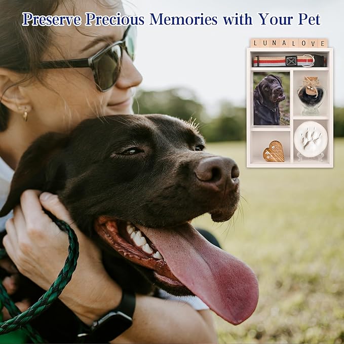 Pet Memorial Shadow Box with Shelves for Loss of Dog Cat Memorial Gifts 4X6 Picture Frame Paw Print Kit Fur Keepsake Heart Plaque Collar Holder and Personalized Blocks Pet Remembrance Sympathy Gift